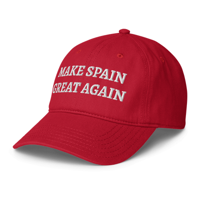 A red baseball cap with white embroidered text reading 'MAKE SPAIN GREAT AGAIN' on the front, shown on a clean white background.