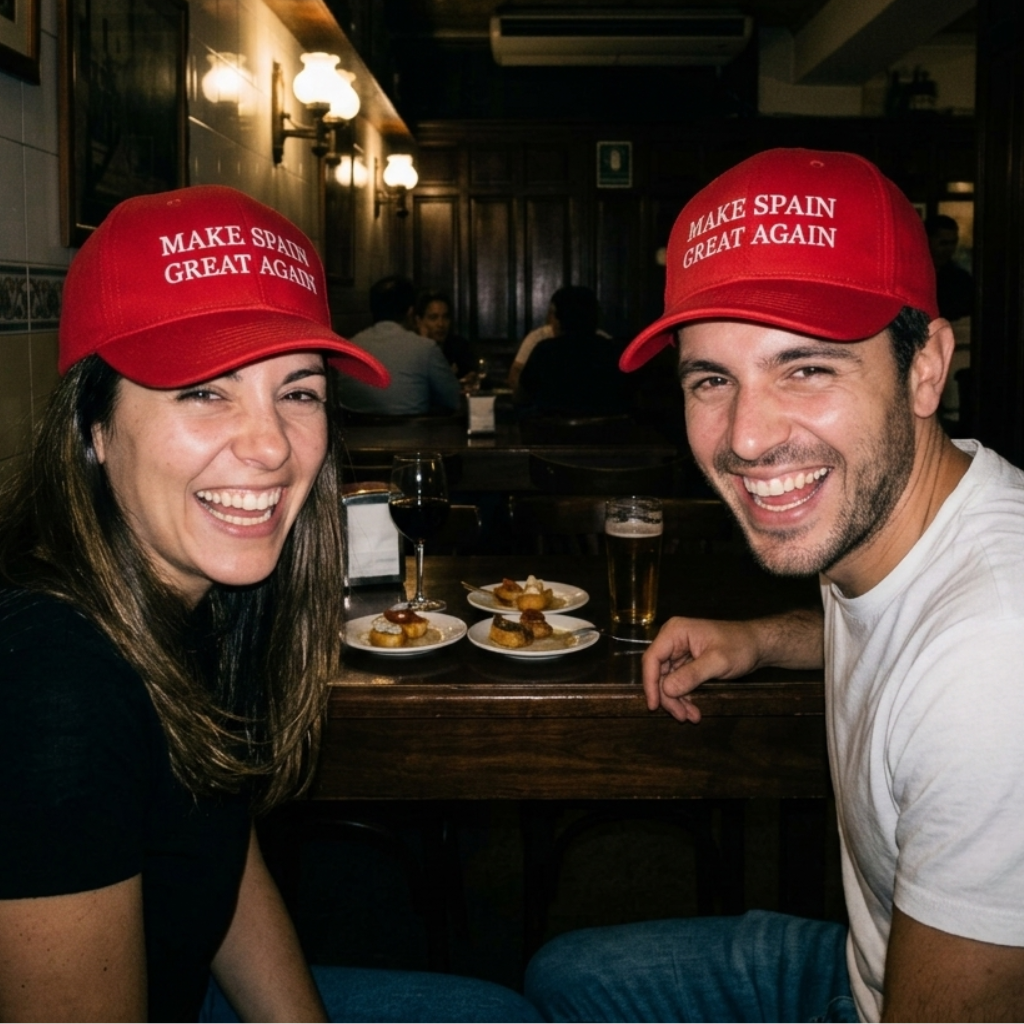 A smiling man and woman sitting at a bar, both wearing red baseball caps with the slogan 'MAKE SPAIN GREAT AGAIN' in white text.